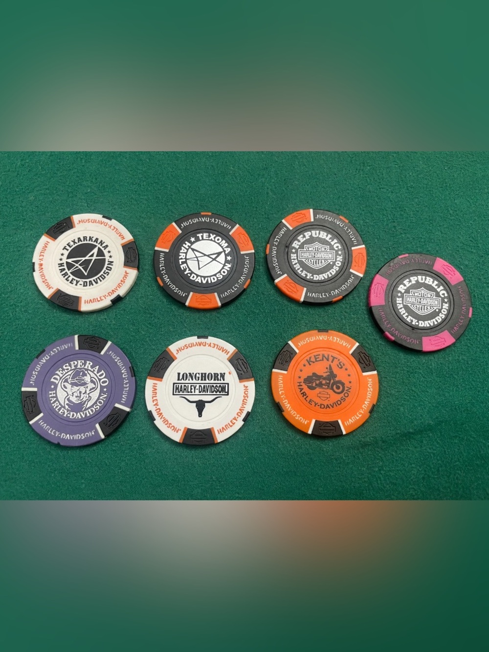 Lot of 7 Texas Harley-Davidson Clay Poker Chips Desperado Republic Longhorn